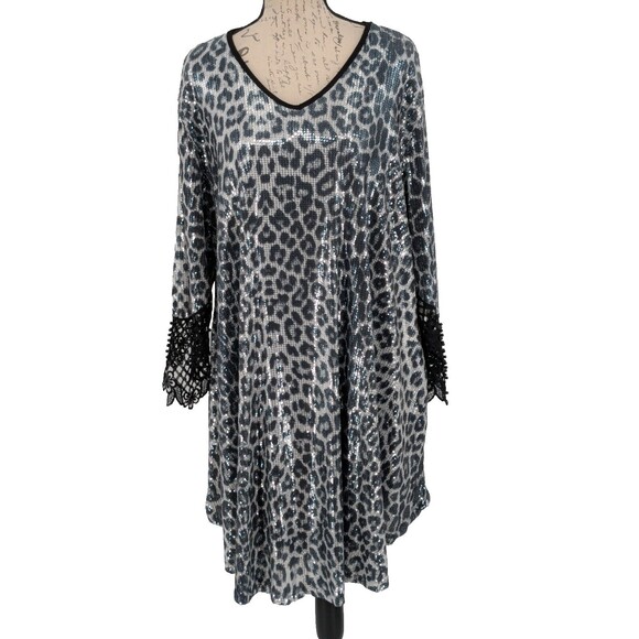 Darkwin Dress  2 (Plus) 56" Bust Black Cream  Animal A Line Crochet Beaded Cuffs - Picture 1 of 13